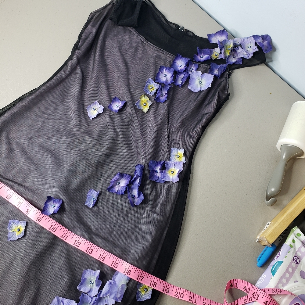 Tadashi for Cache Maxi Dress 90's Y2K Vtg Mesh Applique 3D Pansies Column Whims - Picture 11 of 17